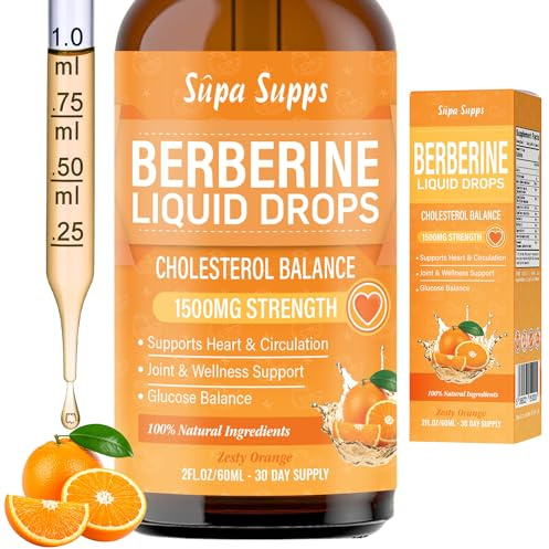 Berberine Liquid 60ml - High Strength Berberine HCl 54000mg Per Bottle, 1500mg Per Serving - Fast Absorbing Berberine Drops - Natural Orange Flavour - 1 Month's Supply