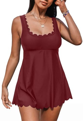 Rayson Tankini Maillot de Bain Femme Bord Festonné Col en U Maillot de Bain Jupette 2 Pieces avec Bas de Maillot Grande Taille Rembourré Push Up Tankinis Ensemble(Bourgogne, XL)