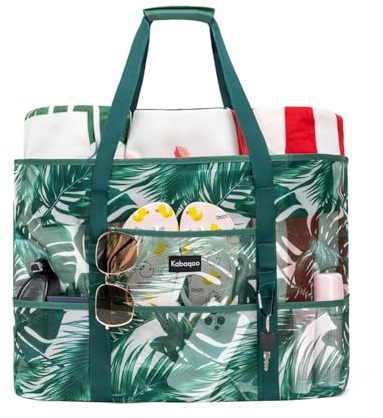 KABAQOO Large Beach Bag with Zip Mesh Beach Bags for Women Men Family with Pockets and Sandproof Bottom Travel Tote for Summer Holiday Pool Grocery Shopping, Large Coconut Tree