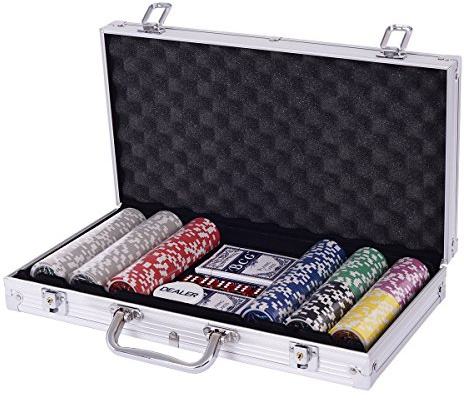 COSTWAY Malette Poker, Jetons Poker avec Ensemble de 300 Jetons et 2 Jeux de Cartes, 5 Dés, 1 Bouton, Dealer, Mallette en Aluminium (Argent)