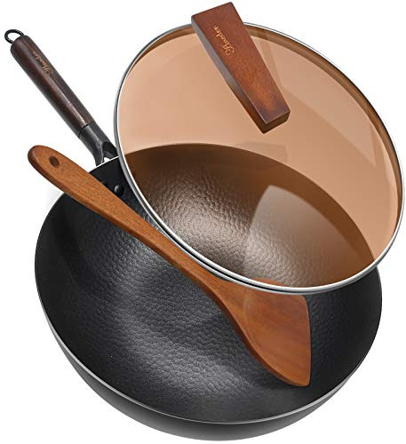 ANEDER Carbon Steel Wok Pan with Lid & Wood Spatula, 12.5 Cast Iron Stir Fry Pan with Flat Bottom and Wooden Handle for Electric, Induction and Gas Stoves
