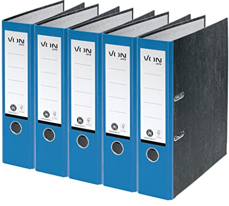 VON Leitz 5er Pack Ordner A4, 100 % Recyclingkarton, 80 mm Rückenbreite, Für 600 Blatt, Marmoriert, Blauer Engel & FSC-zertifiziert, Für Schule, Studium & Haushalt, Blau, 10531035