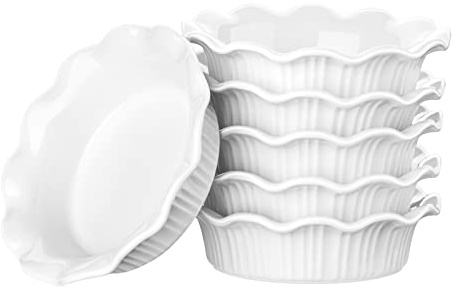 LOVECASA Ceramic Mini Pie Pans Set of 6-5.5 Inch Oven Safe Small Pie Dishes, Nonstick Mini Pot Pie Baking Tins for Chicken Pot Pie, Tarts, Quiches & Desserts, Stackable Ruffled Rims, White