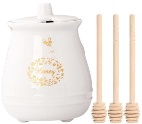 Bootoow Honigtöpfe Keramik-Honigtopf 300ml Mit Deckel Und Honiglöffel *3 Für Die Wohnküche, Von Honig Und Sirup, Porzellan-Honigbehälter Zur Aufbewahrung (Weiß)