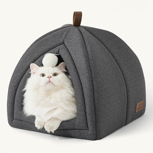 Bedsure Cat Beds for Indoor Cats - 2 in 1 Cat Cave House Tent for Kittens and Small Pets with Removable Washable Cushioned Pillow, Foldable Kitten Hideaway with Non-Slip Bottom, Dark Grey, 16 inches