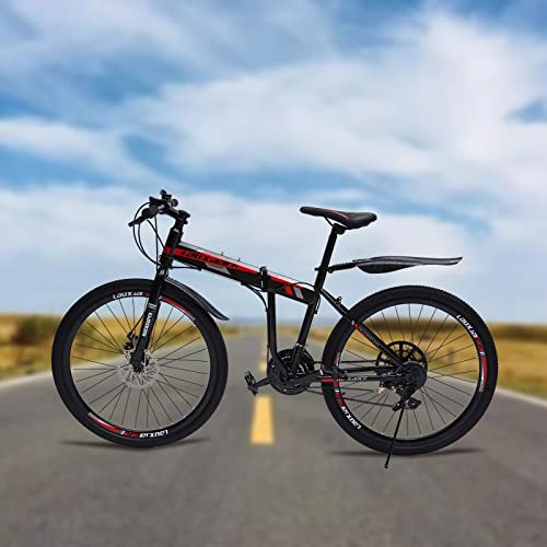 26 21 Gang Mountainbike Fahrrad Unisex Scheibenbremsen Klapprad Scheibenbremse Bicycle Kohlenstoffstahl Faltbar Faltrad FahrräDer Klappfahrrad Bike Leichtgewicht Mit Federgabe MTB Schwarz+Rot