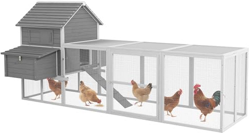 PawHut Gallinero Grande de Madera, 310,5x149,5x149 cm, Gallinero para Exterior para 4-6 Gallinas, con 2 Ventanas, Puertas, 2 Nidos, Bandeja Extraíble y Rampa, Fácil de Limpiar, para Exterior, Gris