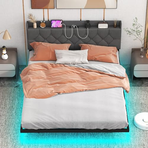 COSTWAY Letto Matrimoniale 160x200 cm, Struttura Letto con Testiera Imbottita Regolabile, Stazione di Ricarica e Luci LED, Galleggiante, Struttura in Metallo, Silenzioso, Carico 300kg