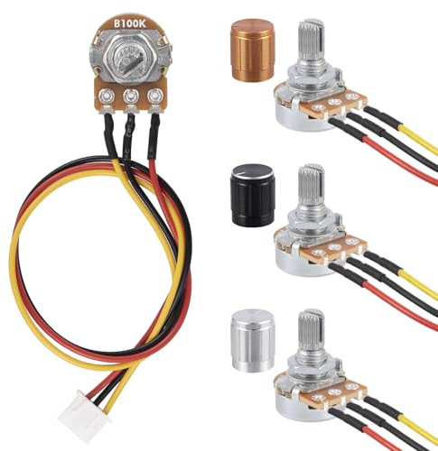 ALLECIN 3 stycken 100K Ohm enkel linjär roterande potentiometer WH148 B100K linjär kolfilmmon roterande potentiometrar 3 terminaler med kabelkontakt XH2.54-3 stift och vred