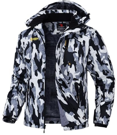 Rdruko Giacca invernale da uomo, in pile, impermeabile, antivento, softshell traspirante, con cappuccio staccabile, Colori mimetici, M