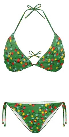 Psaytomey Women's Triangle Bikini Sets Tie Side Halter Bikini Sexy Bikini Set Bathing Suit Oversized Bandeau Swimsuits XS-2XL, Green Christmas Light, Medium