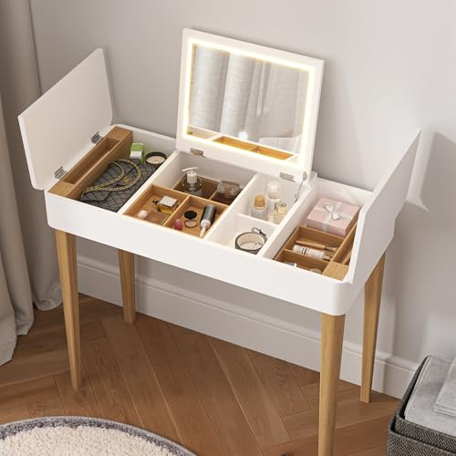 Organizedlife Litet sminkbord med flip-toppspegel, toalettbord med 3 lägen justerbara lampor, lådor och förvaringsbox, för sovrum omklädningsrum