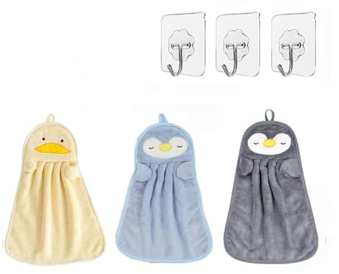 Toalla Mano Dibujos Animados Niños,Pack de 3 Toallas de Mano para Niños,Toallas Absorbentes con Diseños de Animales,Poliéster Suave,Toallas Colgantes para Baño,Cocina o Viajes,37x25 cm（Con 3 ganchos）