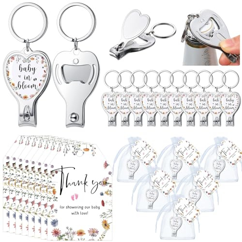Wesiti 25 Sets Baby Shower Favor for Guests Baby in Bloom Keychain with Nail Clipper and Bottle Opener Thank You Tag Card Organza Bag