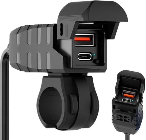 Motorcycle Phone Charger - USB Port, Waterproof Design, Fast Charging PD with Hard Protective Cover, Display Light, Safe Supply for Motorcycle Accessories, Travel, Daily Use