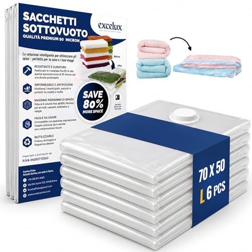 Sacchetti Sottovuoto Vestiti Medio 70x50 – 6 Sacchi Sottovuoto per Piumoni e Abiti– Buste per Sottovuoto Salvaspazio Riutilizzabili – Sacco Medio Resistente per Armadio, Valigia, Trasloco