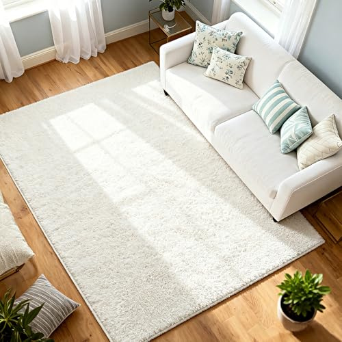 jxgzyy Fluffy Shaggy Rug for Living Room Bedroom, 160x230cm Large Cream White Soft Rug, 2cm Non-Shedding Long Pile Carpet with Non-Slip Backing, Fuzzy Plush Area Rug for Kids Room Home Decor