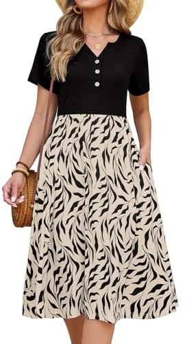 HEEKPEK Vestiti Estivi Donna Elegante Midi Lunghi Vestito Maniche Corte Scollo a V Bottoni Abiti Casual Ginocchiocon Floreale Abito da Spiaggia Mare Boho con Tasche(Fogliame Nero,L)