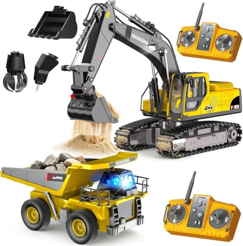 CozyBomB Remote Control Excavator & Dump Truck Toy Set for Kids | RC Construction Vehicles with Lights, Sound Effects, Metal Bucket, Claw & Drill Attachments, Engineering Toy Trucks for Boys
