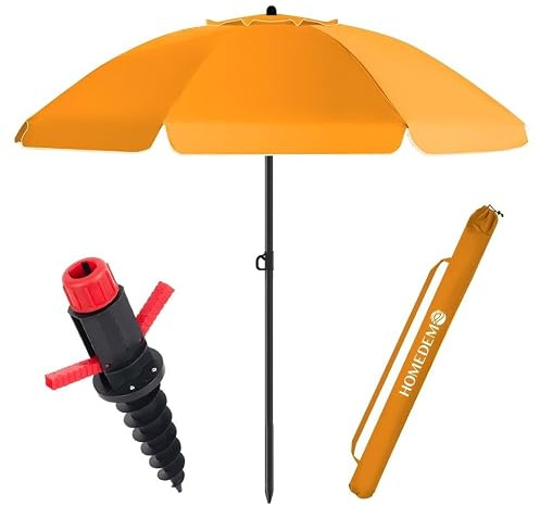 HOMEDEMO Parasol Plage Inclinable avec Revêtement Argenté, UV50+, avec Pieds de Parasol de Plage à hélice à Visser & Housse de Protection, pour Terrasse, Piscine, Marché, 200cm, Orange