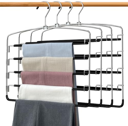 Pants Hangers 4 Pieces,5 Tier Closet Organizers and Storage Clothes Hanger,Hangers Space Saving with Swing Arm,Multiple Metal Hanger Clothes Organization for Pants Trousers Jeans Leggings Slacks