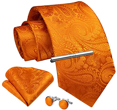Enlision Corbata Naranja Hombre Pañuelo y Corbatas Gemelos Clip Set