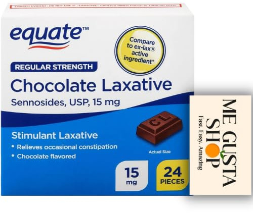Equate Regular Strength Chocolate Laxative, Sennosides, USP, 15mg, Stimulant Laxative Chocolate Flavored 24 Count + Me Gustas Stickers