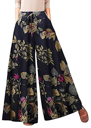 CGGMVCG Pantalon à Jambe L pour Femme - Pantalon décontracté imprimé Floral - Ceinture élastique - Pantalon Palazzo pour Femme, Bleu, Taille 5XL