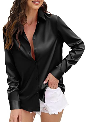Satin Weave Button Down Shirts for Women Long Sleeve Women's Blouse Dressy Casual Dress Shirt Elegant Women's v Neck Collared Button-Down roll up Stretchy Work Blouses top Tunic Tops Black Size M.