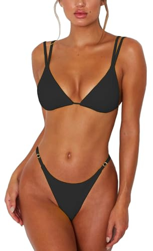 ForBeautyShe Womens String Thong Bikini Set Sexy Cheeky Two Piece Swimsuits Brazilian Bathing Swimwear Black M
