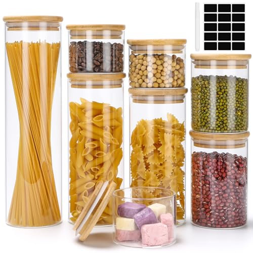 Lannvan Vorratsgläser mit Deckel, 8er Set Vorratsdosen Glas Aufbewahrungsgläser Luftdicht, Vorratsglas mit Holzdeckel für Kaffeebohnen, Körner, Nüsse, Mehl, Nudel, Pasta, Spaghetti Aufbewahrung