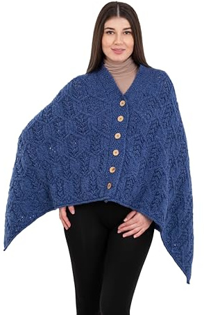 SAOL Aran Poncho 100% Merino Wool for Ladies with Buttons V-Neck Shawl Cardigan (US, Alpha, One Size, Regular, Regular, Marl Blue)