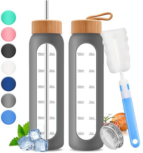 32oz Glass Water Bottle with Time Marker - 1000ml Large Motivational Water Bottle with 2 Bamboo Lids, Sealed & Straw Hole, 1L Bottle for Fitness with Stainless Steel Straw & Silicone Case (Gray)