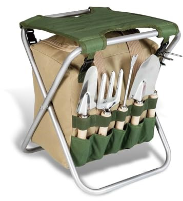 BIKAIN Klappbarer Gartenhocker – Werkzeugset – Aufbewahrungstasche mit Reißverschluss – inkl. 5 Werkzeuge mit Holzgriff, Braun