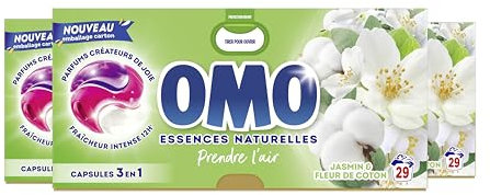 OMO - Lessive liquide en capsules 3 en 1 Prendre l'air - 87 lavages - Jasmin et Fleurs de Coton - propreté éclatante & parfum longue durée aux essences naturelles (lot de 3x29)