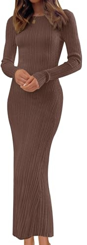 MEROKEETY Women's 2025 Long Sleeve Bodycon Sweater Dress Fall Winter Crew Neck Ribbed Knit Maxi Dresses, Coffee, M
