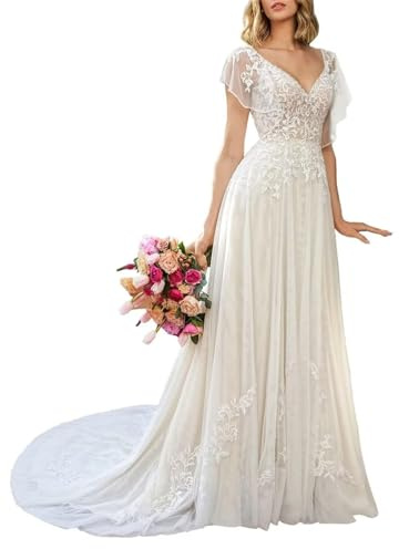 YIANN Robe de mariée bohème pour femme avec dos nu en tulle, blanc, 46
