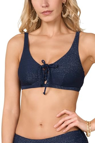 Goldenpoint Donna Costume da Bagno Costina Lamè - Parte Alta del Bikini - Reggiseno Stringato Senza Imbottitura con Ferretto e Spalline Regolabili a Costine Tinta Unita con Lurex Taglia 3B Colore Blu