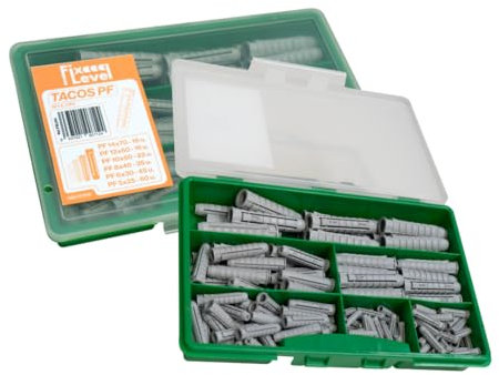 Tacos pared - Caja multitaco - Tacos FixLevel - Tacos Pladur - Material Nylon - Caja de tacos con Diferentes Tamaños - Tacos 5mm- Tacos 6mm - 8mm - 10mm - 12mm - 14mm - Tacos universales