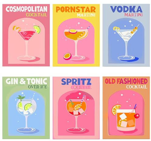 6 Pack Paint by Numbers for Adults, DIY Acrylic Paint by Numbers Kits, Cocktails Canvas for Painting, Painting Arts Set for Beginners Kids, Home Wall Decor, 7.8x11.8inch Frameless