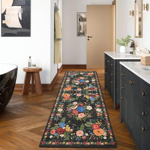 BYBSRLL Tapis d'intérieur Vintage 60 x 180 cm - Antidérapant - Motif Fleurs - Style bohème - À Poils Courts - Lavable - pour Cuisine, Salon, Chambre à Coucher