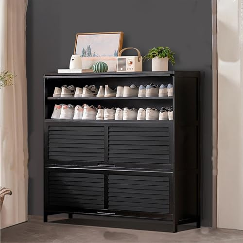 XCLOOZGL Armadio Scarpiera con Ante A Persiana in Puro bambù Scaffale per Scarpe con Ripiani Rimovibili Materiale Composito Armadio Capiente per Soggiorno Ingresso E Corridoio,Nero,110 * 32 * 106cm