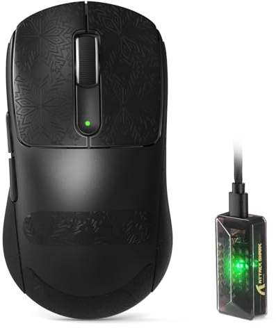 ATTACK SHARK V5 Ratón Gaming Inalámbrico, 53g, Microinterruptor Óptico, Nordic52840, PAW3950MAX, Receptor LED 8KHz, 20000FPS, 42K dpi, BT/2.4G/Wired, 500mAh, Manos Medianas-Grandes (Negro+Cinta)