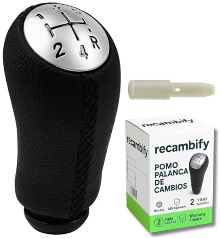 recambify | Pomo de Palanca de Cambios Manual para Renault Clio 3 MK3, Megane 2 MK2, Scenic 2 MK2 | Acabado Cromado + Cuero 5 Velocidades con Adaptador | Antideslizante