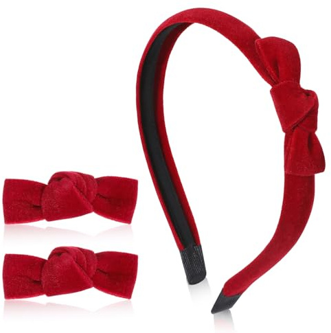 WJIAAA Juego de 3 diademas de terciopelo rojo y lazos, diadema de lazo rojo, diadema con lazos rojos para mujeres y niñas