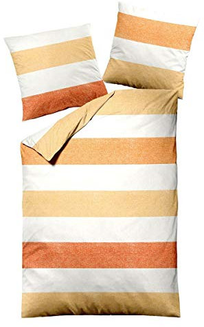 Traumschlaf Bettwäsche Biber Streifen orange kuschelig weiche Made in Germany Qualität aus 100% Baumwolle - mit Reißverschluss 135x200 cm + 80x80 cm