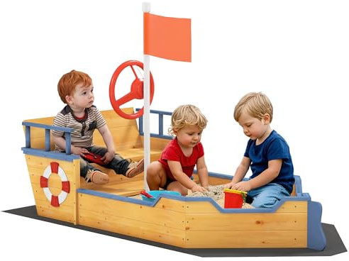 Outsunny Kids Sand Pit, Children Pirate Ship Sandbox with Bench, Bottom Liner, Seat, Natural Wood Tone