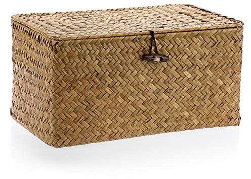 IGNPION Seagrass Storage Basket with Lid Woven Seagrass Rectangular Bathroom Storage Organiser Box, Shelves & Desks Decorative Multipurpose storage Hamper (Caramel)