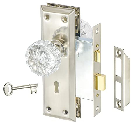 newliplace Mortise Lock Set with Crystal Glass Knob, Antique Door Knobs with Lock and Skeleton Key, Fit Interior Door, Brushed Nickel Finish