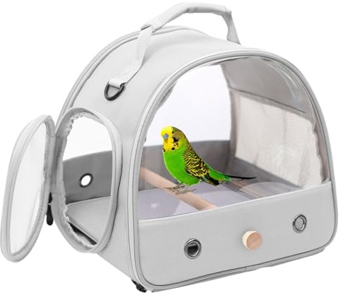 Bird Carrier, Portable Small Bird Parrot Parakeet Carrier with Standing Perch and Mat, Side Access Window Collapsible (Grey, Clear Windows)